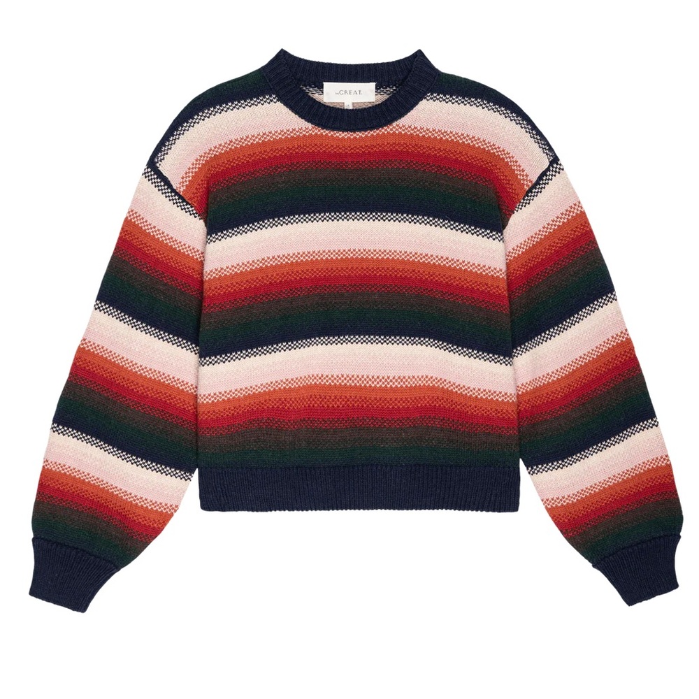 THE GREAT. Striped Crew Neck Sweater in Navy Red Green Cream